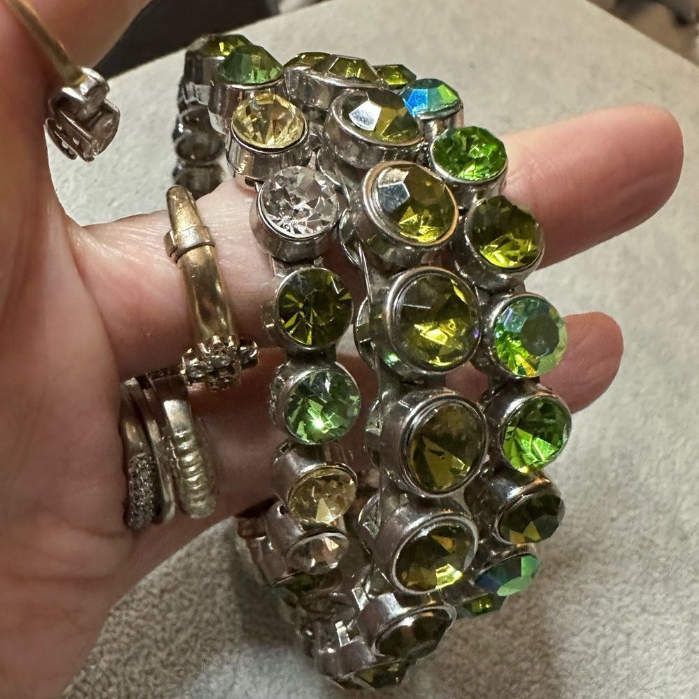 THREE GREEN & AB CRYSTAL SILVER & PERIDOT RHINESTONE MAGNETIC CLOSURE BRACELETS - Picture 3 of 11